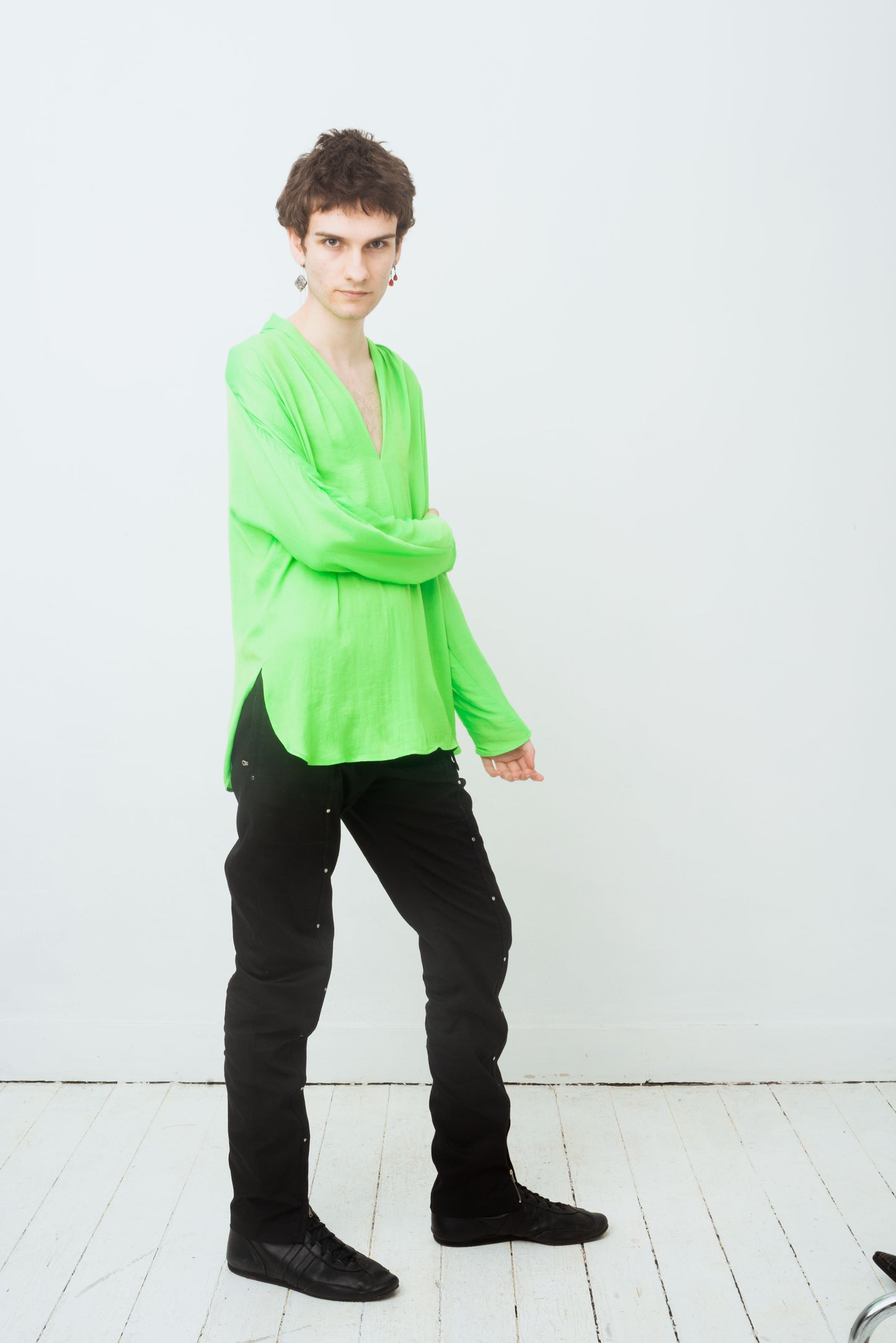 Ralph Lauren 2000's silk neon green loose long sleeve shirt