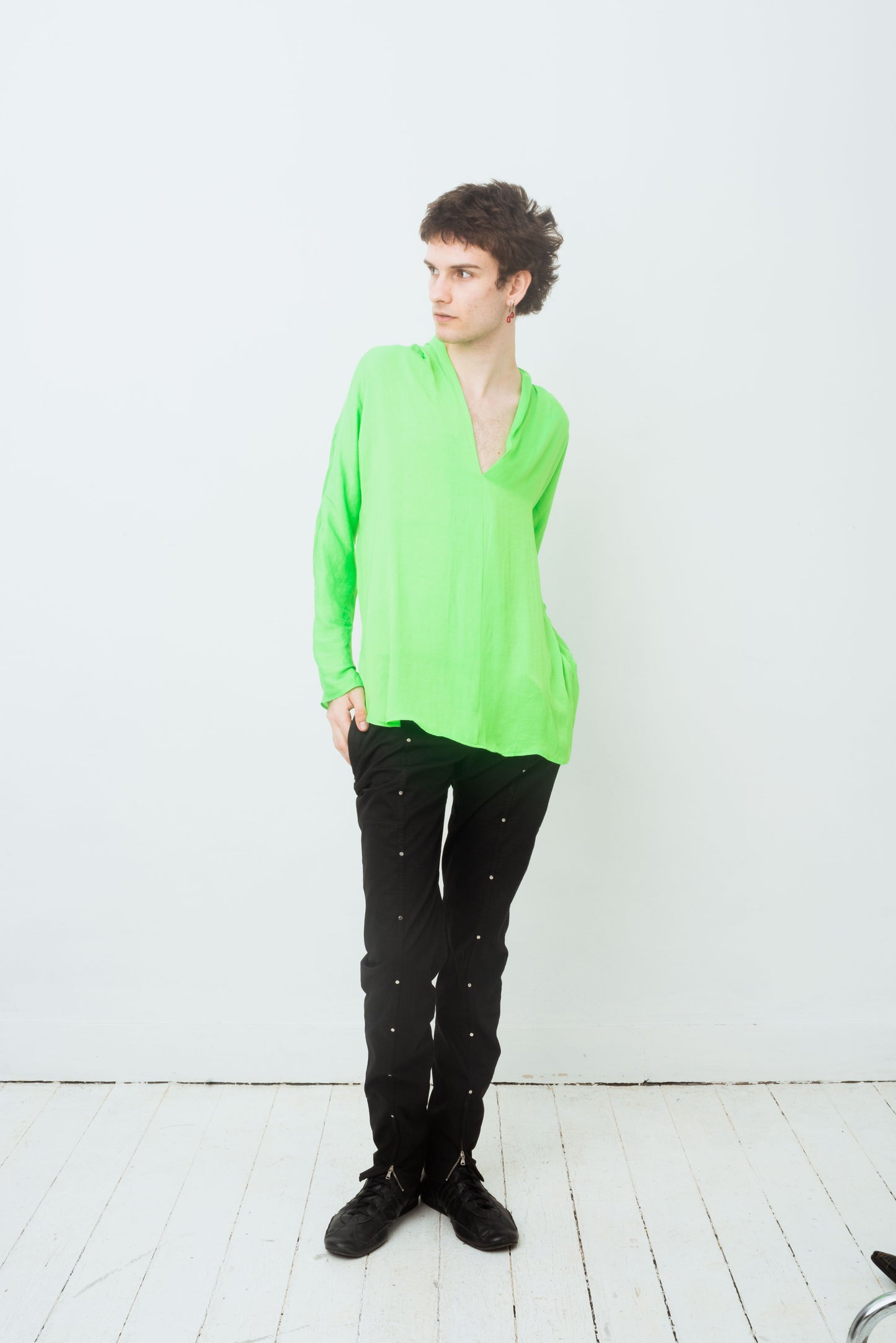 Ralph Lauren 2000's silk neon green loose long sleeve shirt