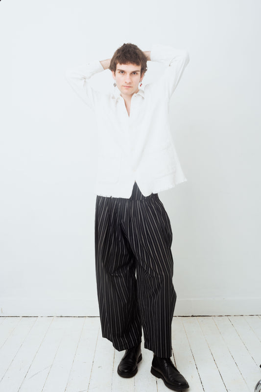 Comme des Garçons 2000's white jacquard worker's jacket with distressed hems