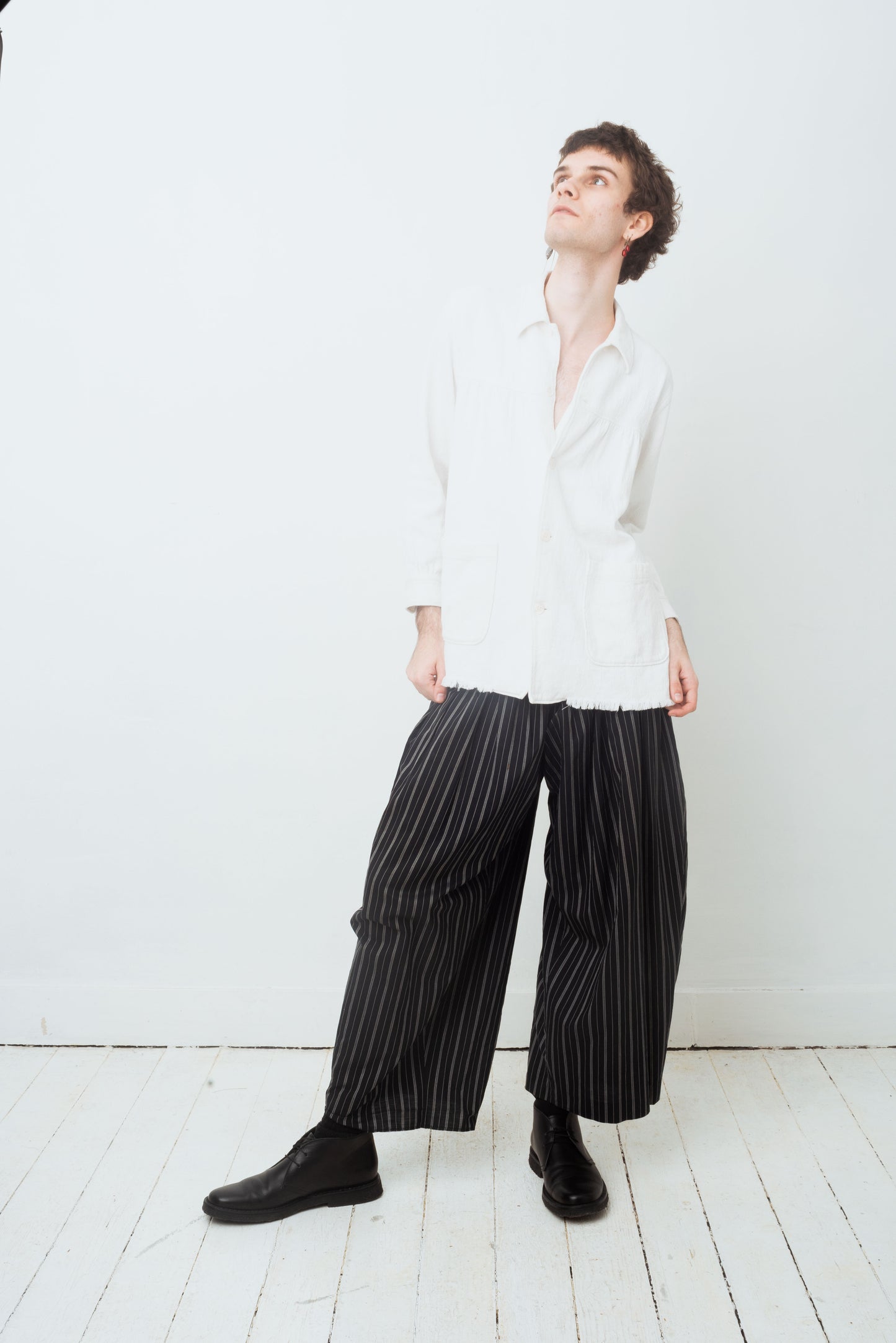 Comme des Garçons 2000's white jacquard worker's jacket with distressed hems