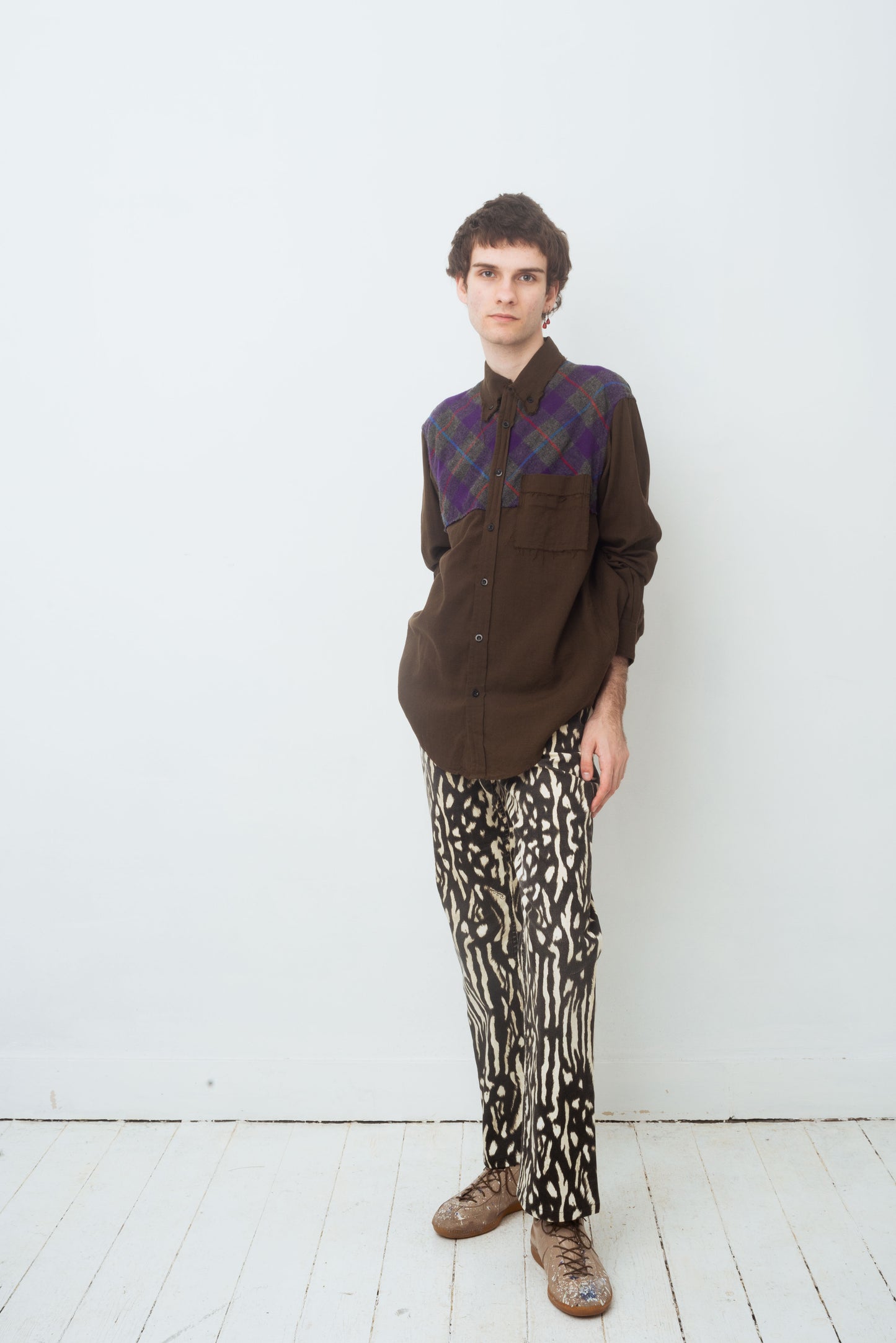 Yohji Yamamoto Y's 2000's khaki button down shirt with tartan detail