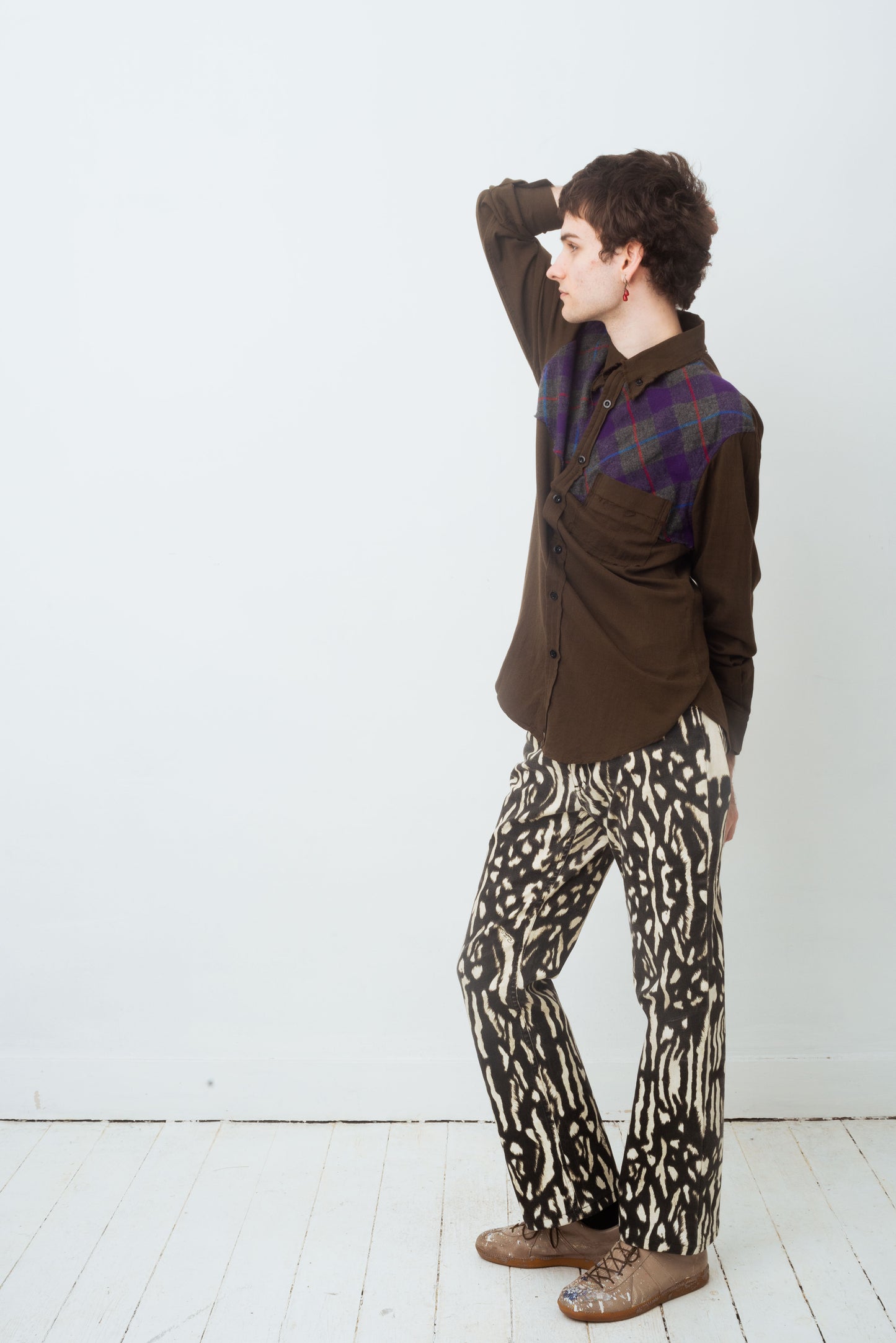 Yohji Yamamoto Y's 2000's khaki button down shirt with tartan detail