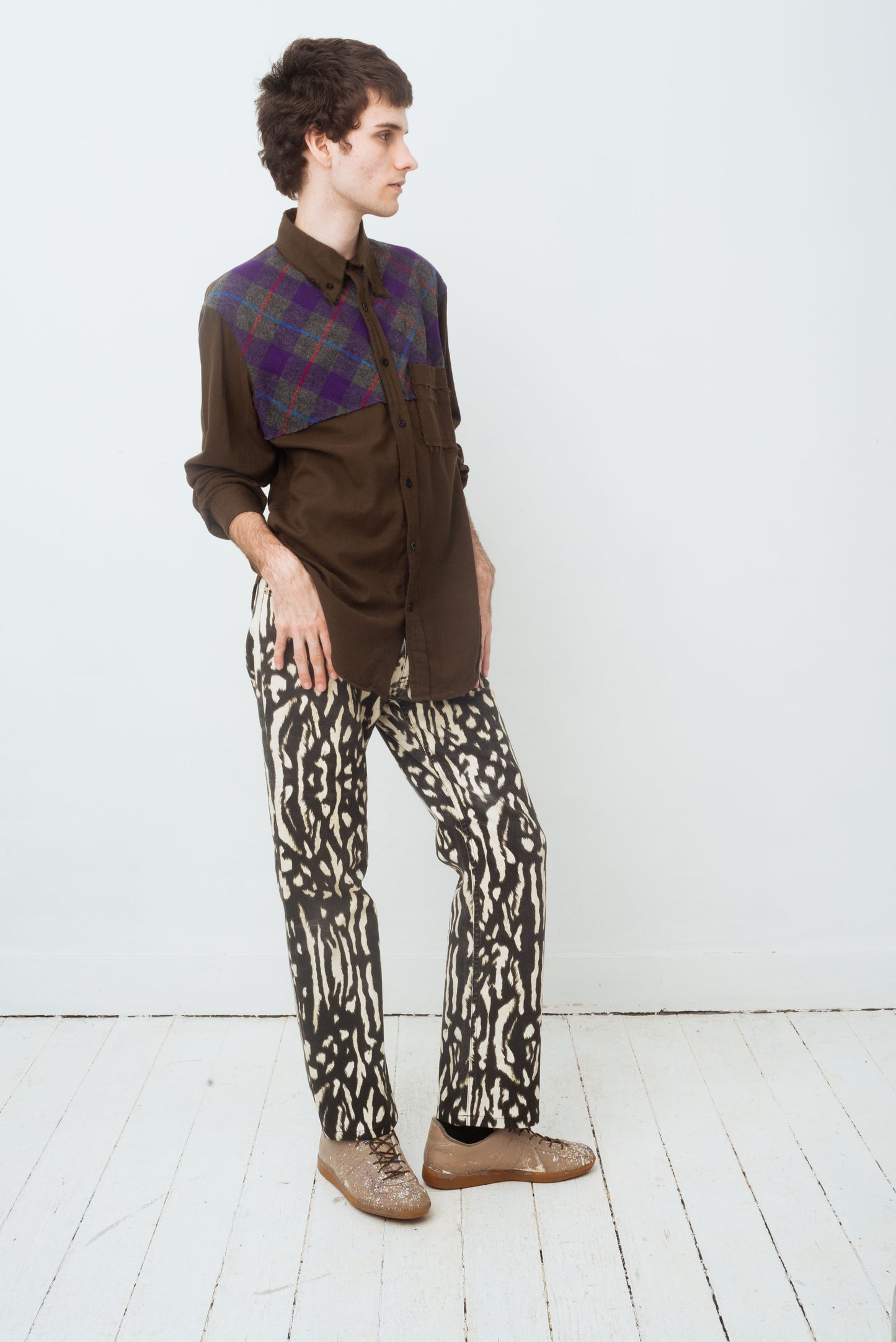 Yohji Yamamoto Y's 2000's khaki button down shirt with tartan detail