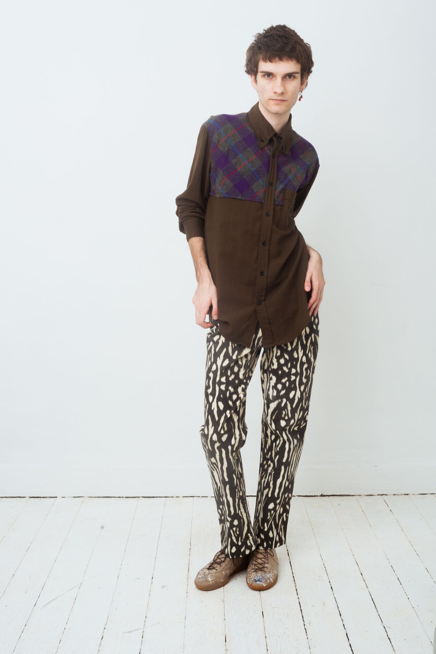 Yohji Yamamoto Y's 2000's khaki button down shirt with tartan detail