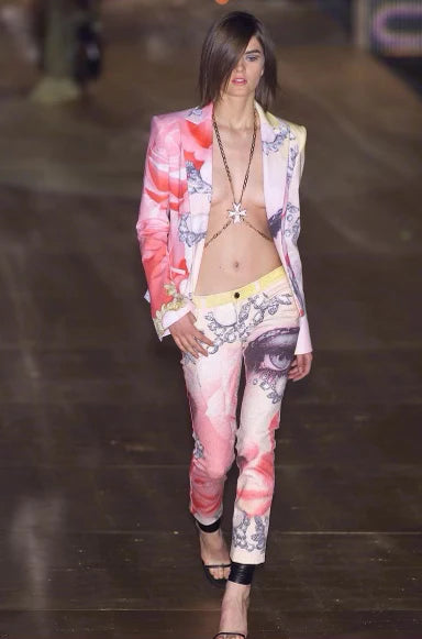 Roberto Cavalli SS 2001 face diamond print silk trousers