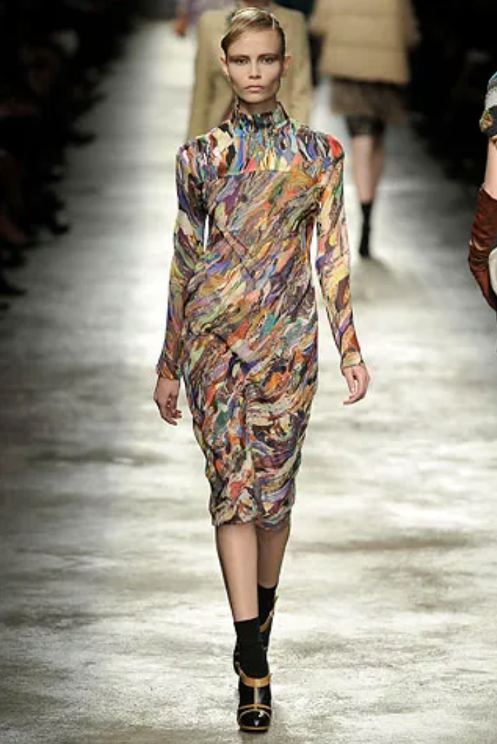 Dries van Noten FW 2008 multicolour marble print silk skirt