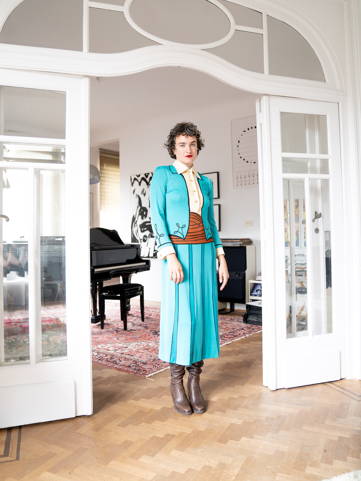 Roberta di Camerino 70's trompe l'oeil turquoise midi dress