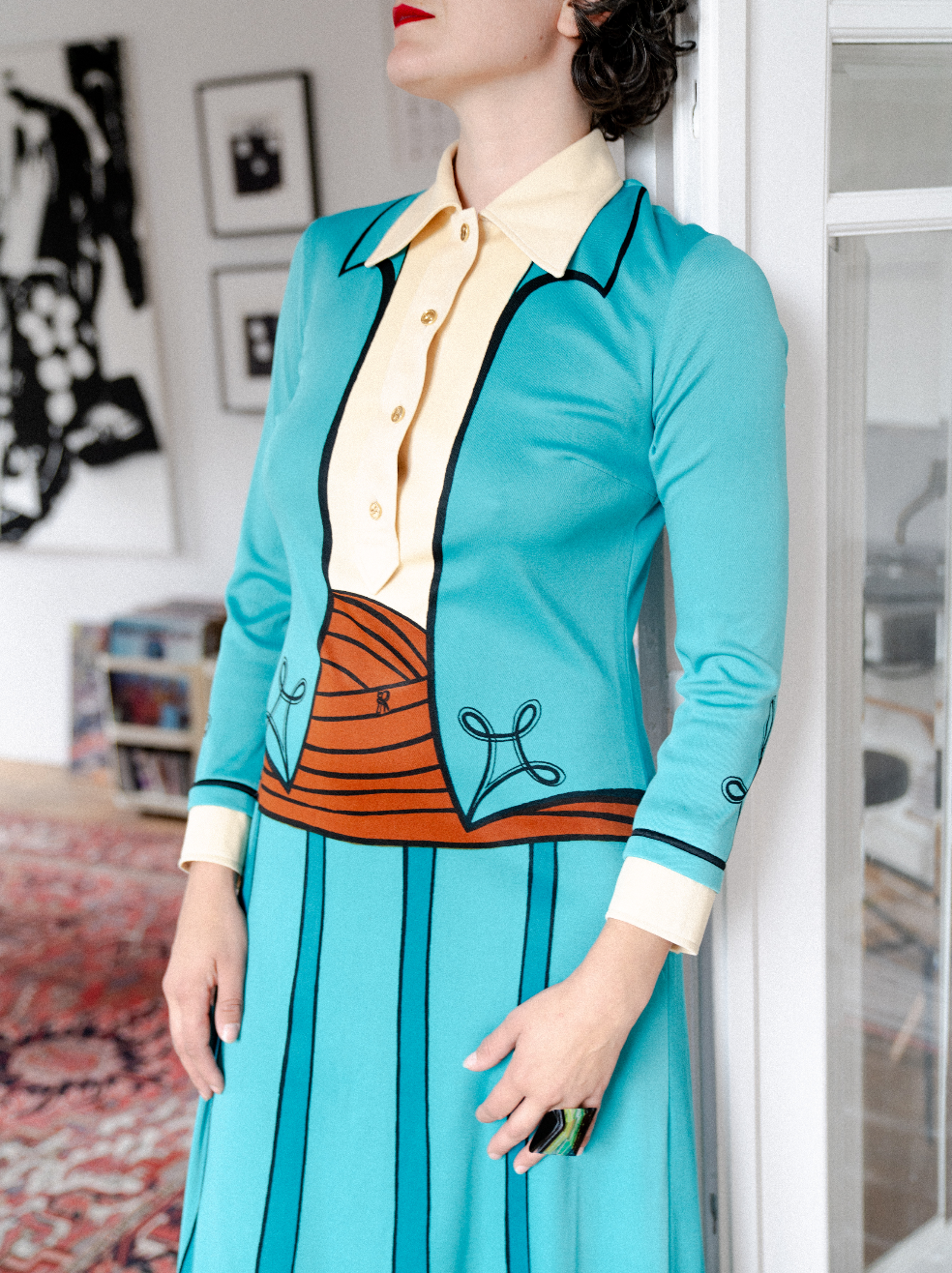Roberta di Camerino 70's trompe l'oeil turquoise midi dress