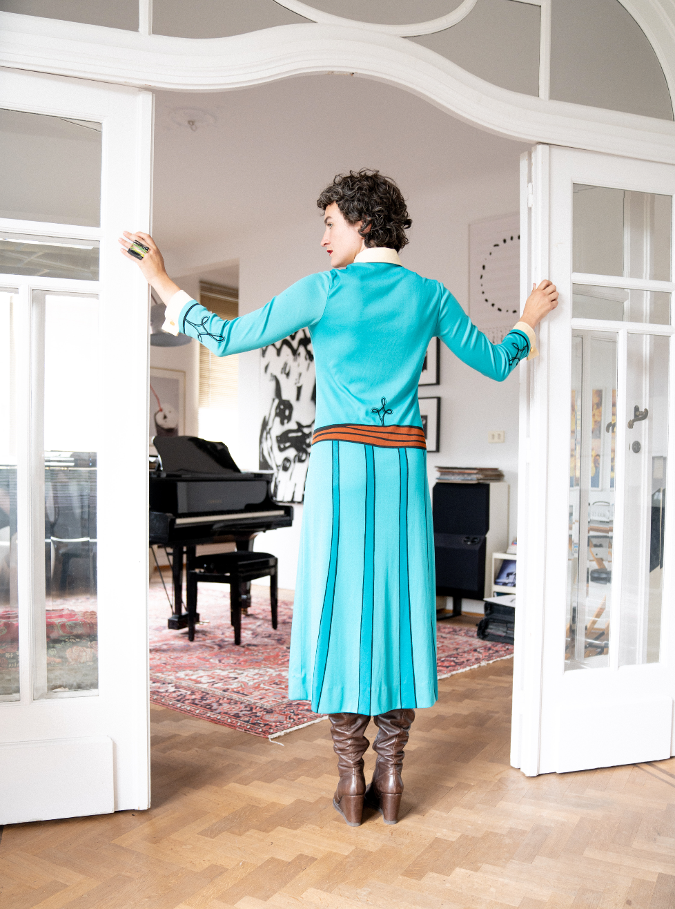Roberta di Camerino 70's trompe l'oeil turquoise midi dress