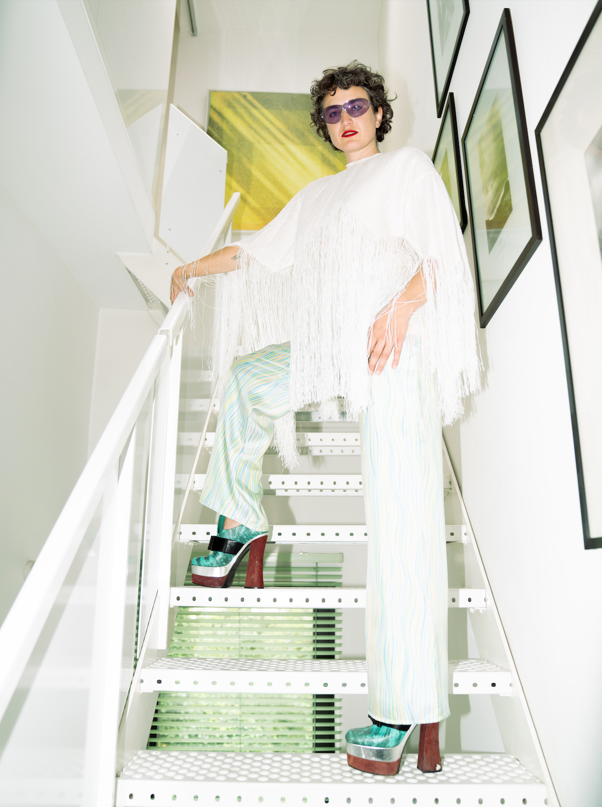 Missoni 2000's silk white palazzo pants with wavy blue, green & yellow lines