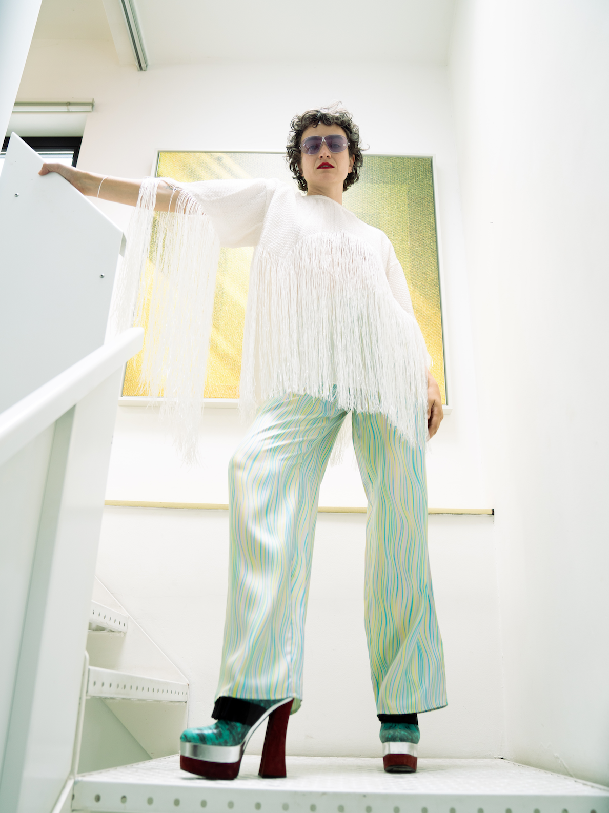 Missoni 2000's silk white palazzo pants with wavy blue, green & yellow lines