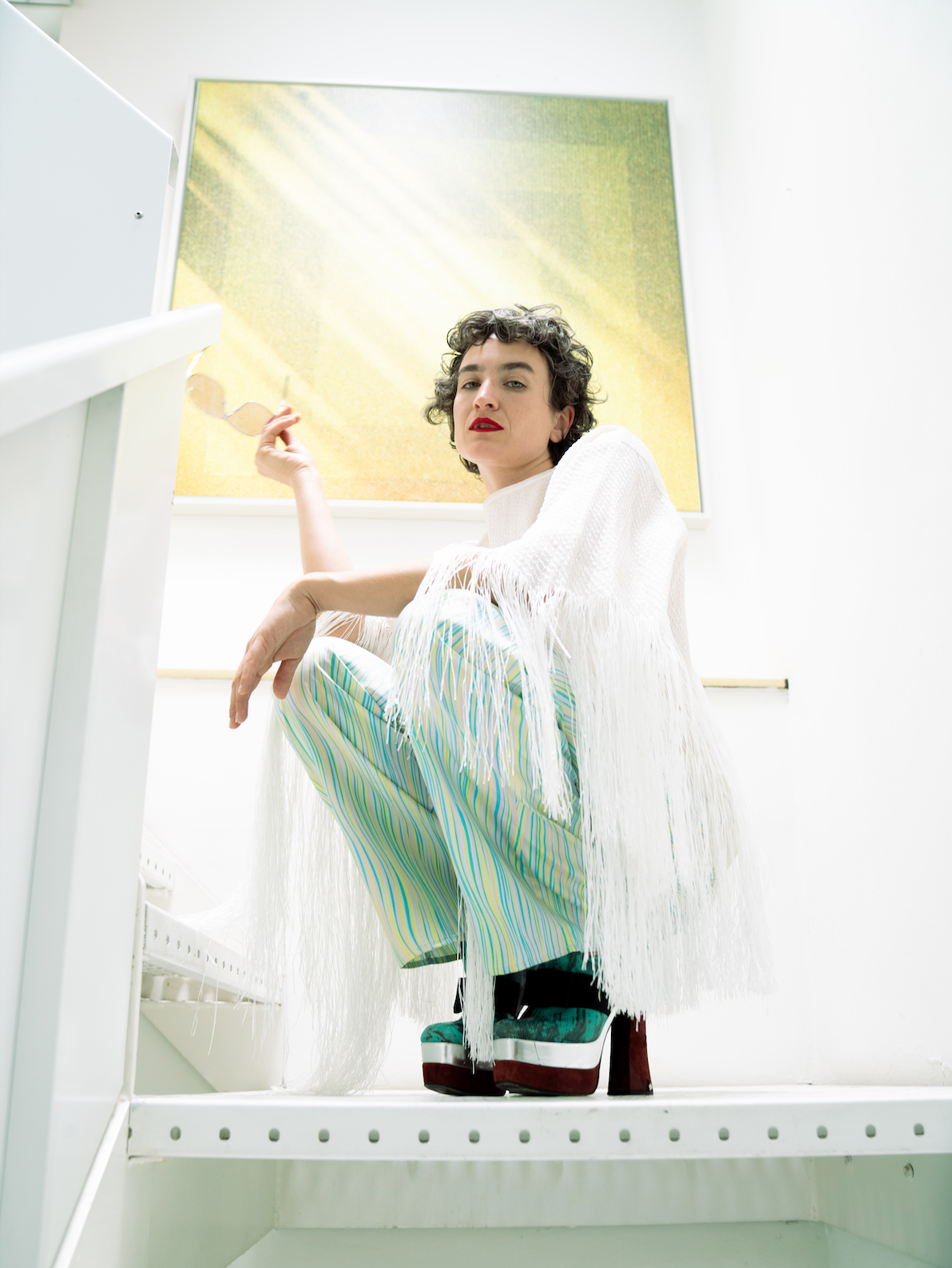 Missoni 2000's silk white palazzo pants with wavy blue, green & yellow lines