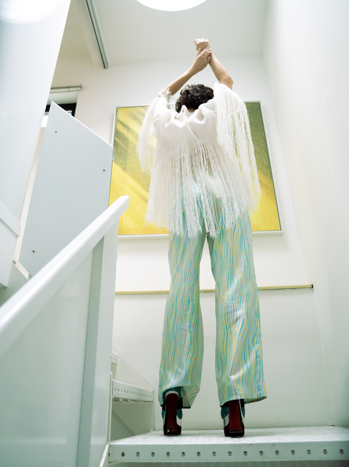 Missoni 2000's silk white palazzo pants with wavy blue, green & yellow lines