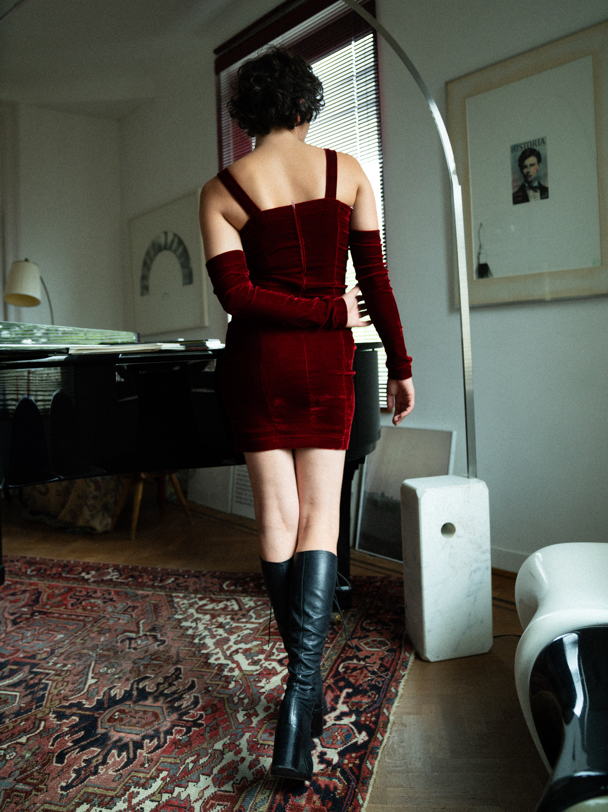 Complice 90's velvet bustier mini dress with matching sleeves