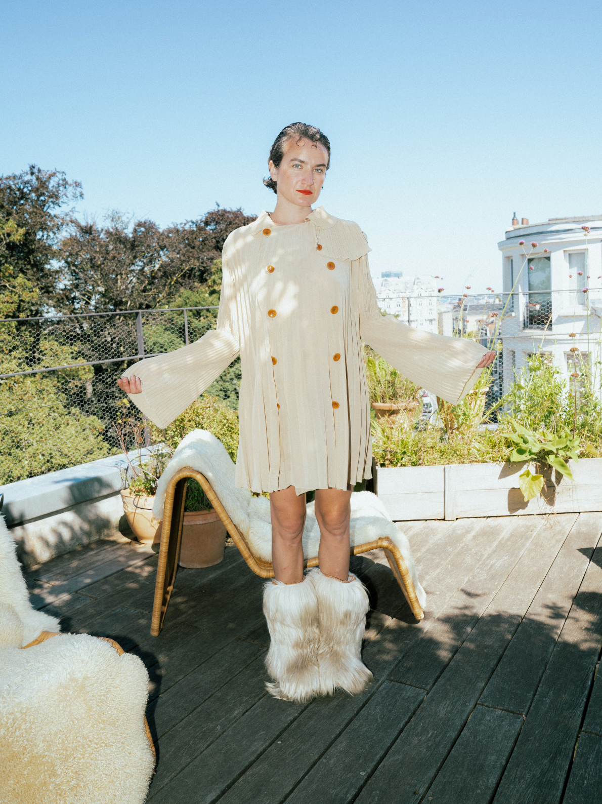 Undercover 90's- early 2000's pleated long beige double breasted tunic shirt