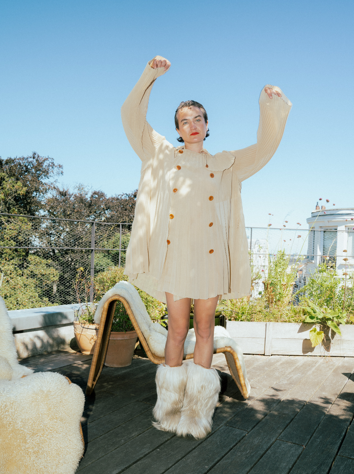 Undercover 90's- early 2000's pleated long beige double breasted tunic shirt