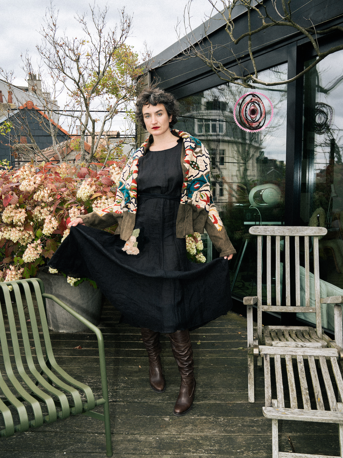 Sonia Rykiel 2000's black linen wrap dress with embroidered flower