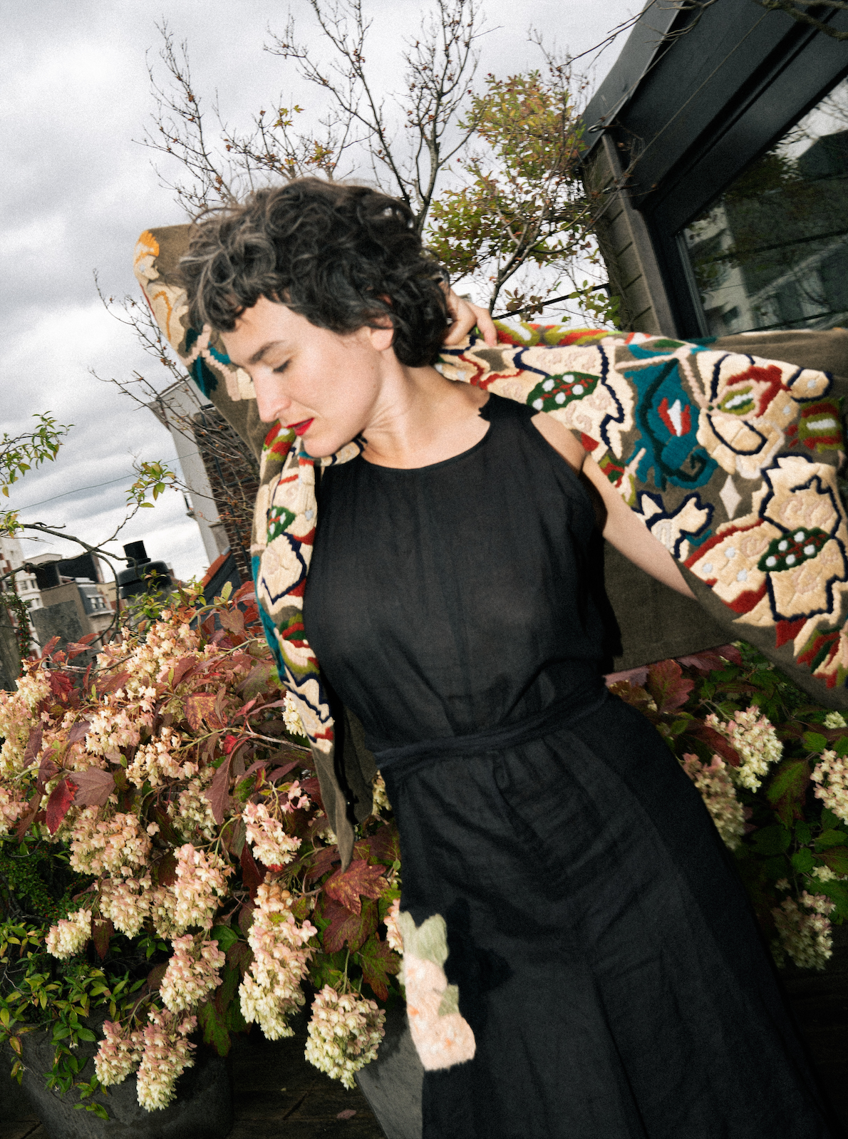 Sonia Rykiel 2000's black linen wrap dress with embroidered flower