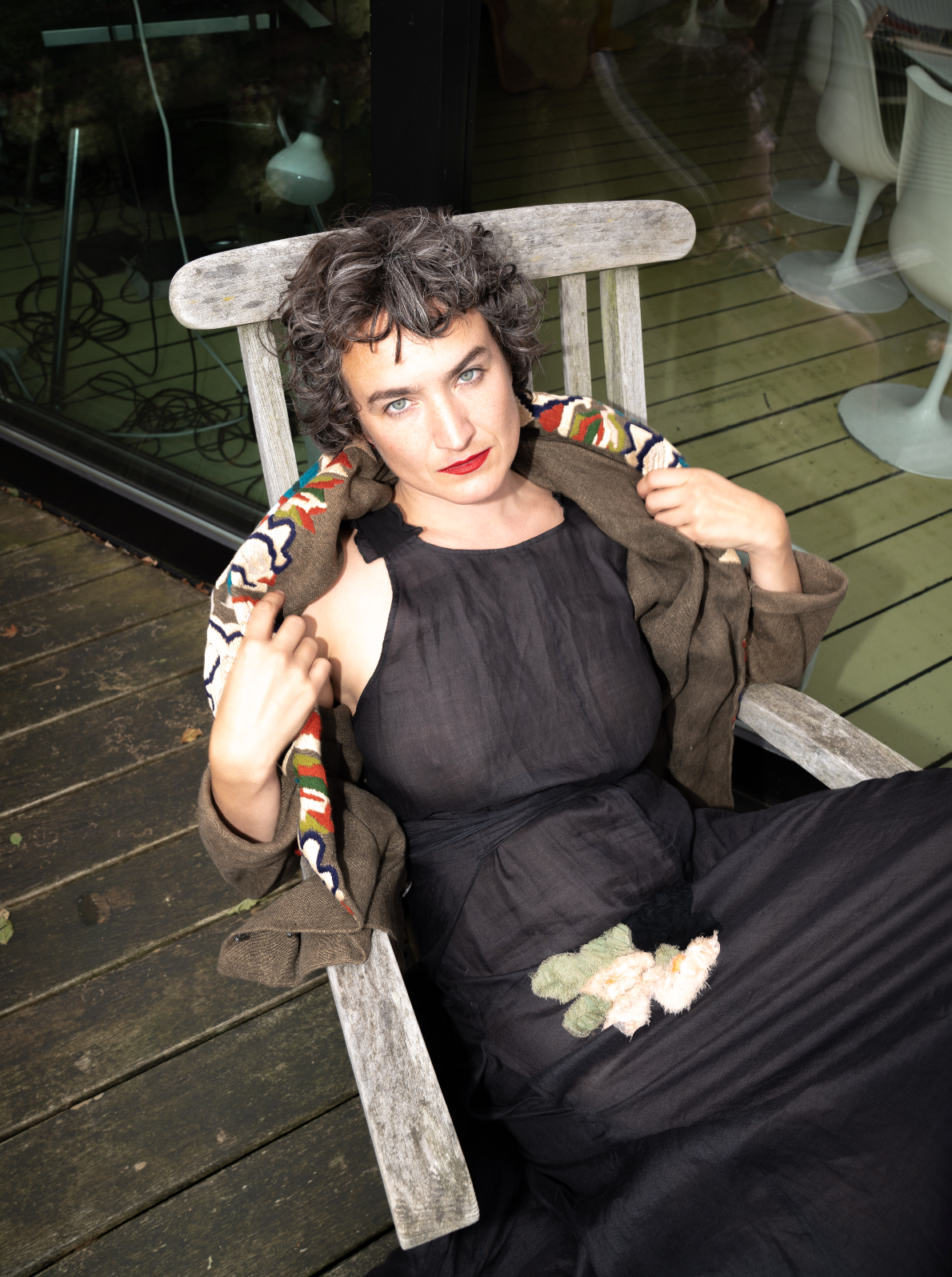 Sonia Rykiel 2000's black linen wrap dress with embroidered flower