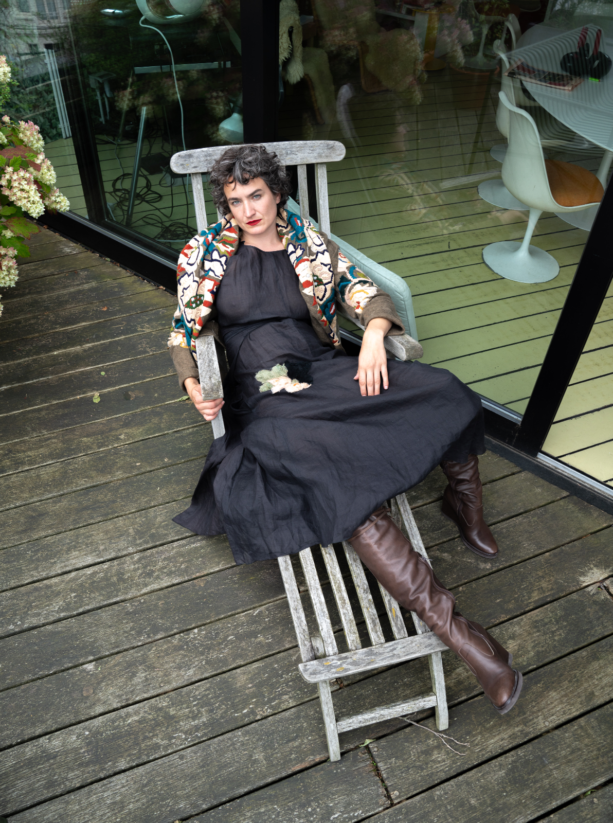 Sonia Rykiel 2000's black linen wrap dress with embroidered flower