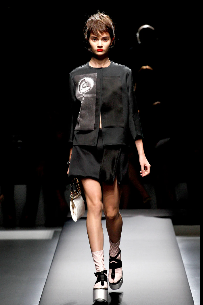 Prada SS 2013 cotton & wool black jacket with silk flower patch