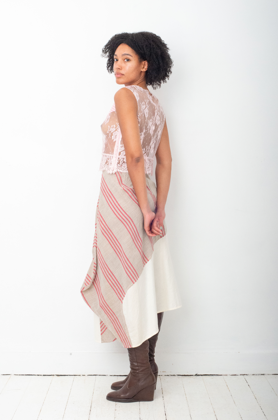 Comme des Garçons FW 1998 sculptural striped and beige patchwork skirt