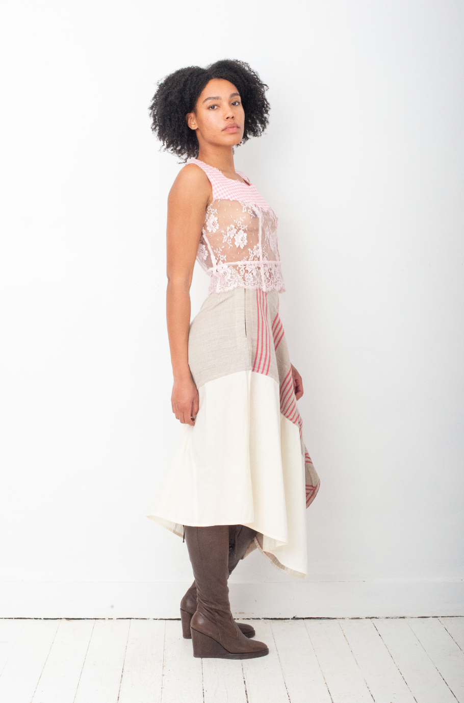 Comme des Garçons FW 1998 sculptural striped and beige patchwork skirt