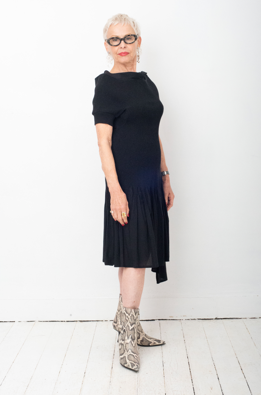 Yohji Yamamoto black crinkled dress with wide collar and side slit