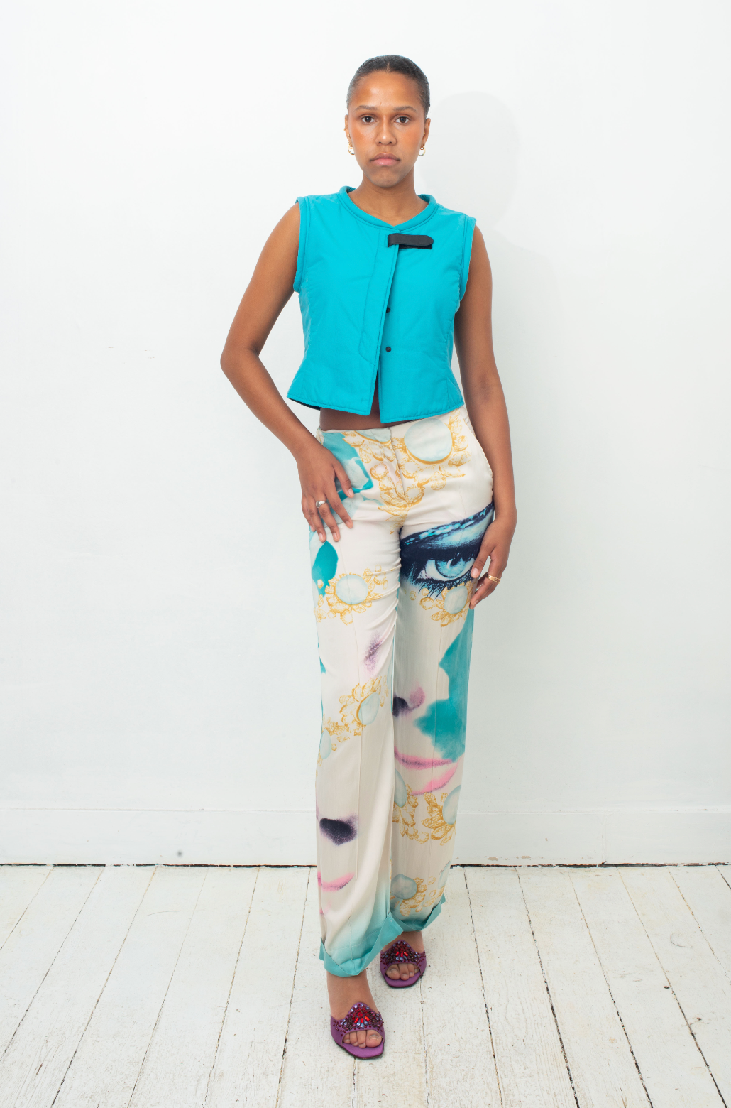 Roberto Cavalli SS 2001 face diamond print silk trousers