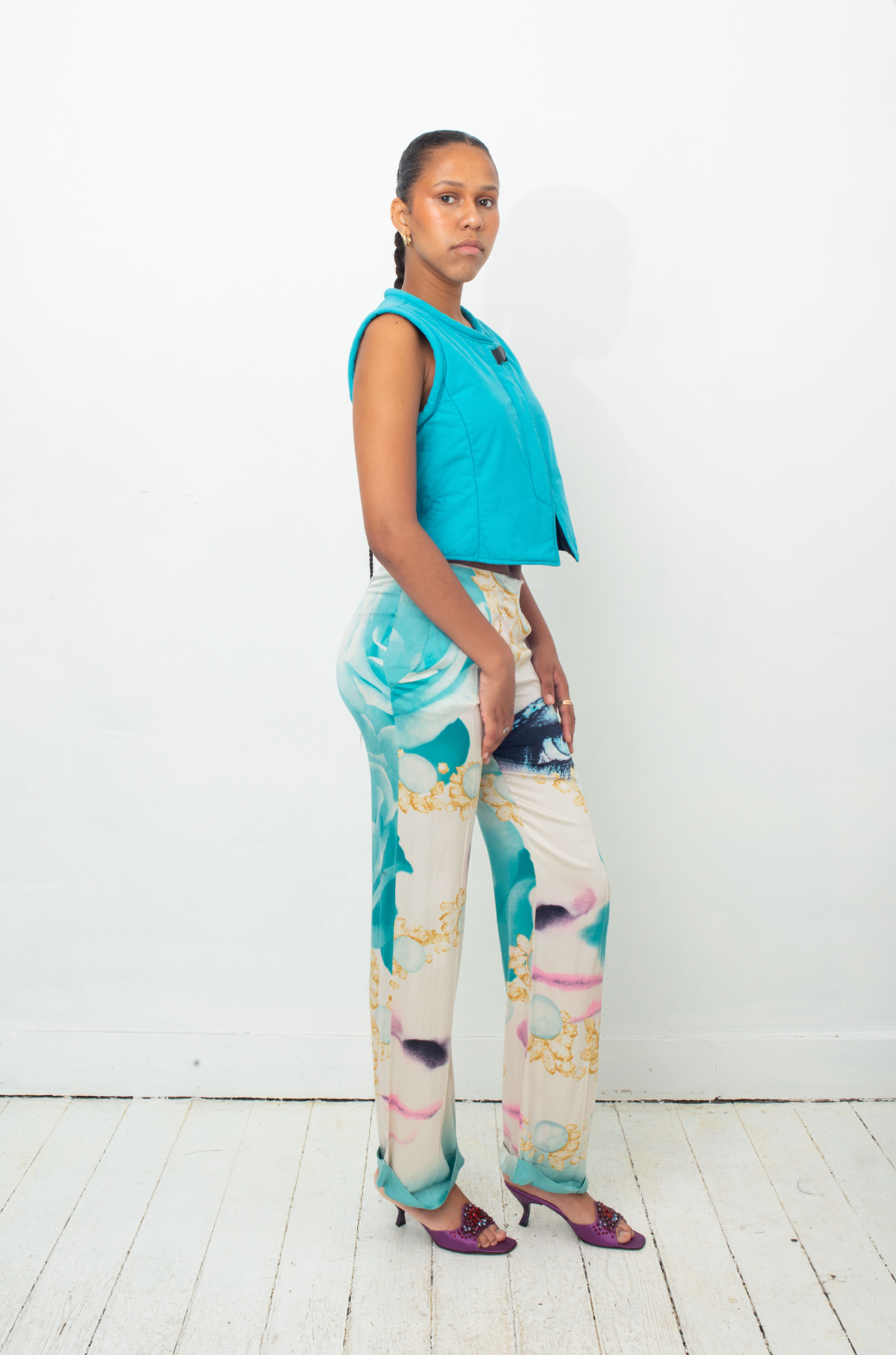 Roberto Cavalli SS 2001 face diamond print silk trousers