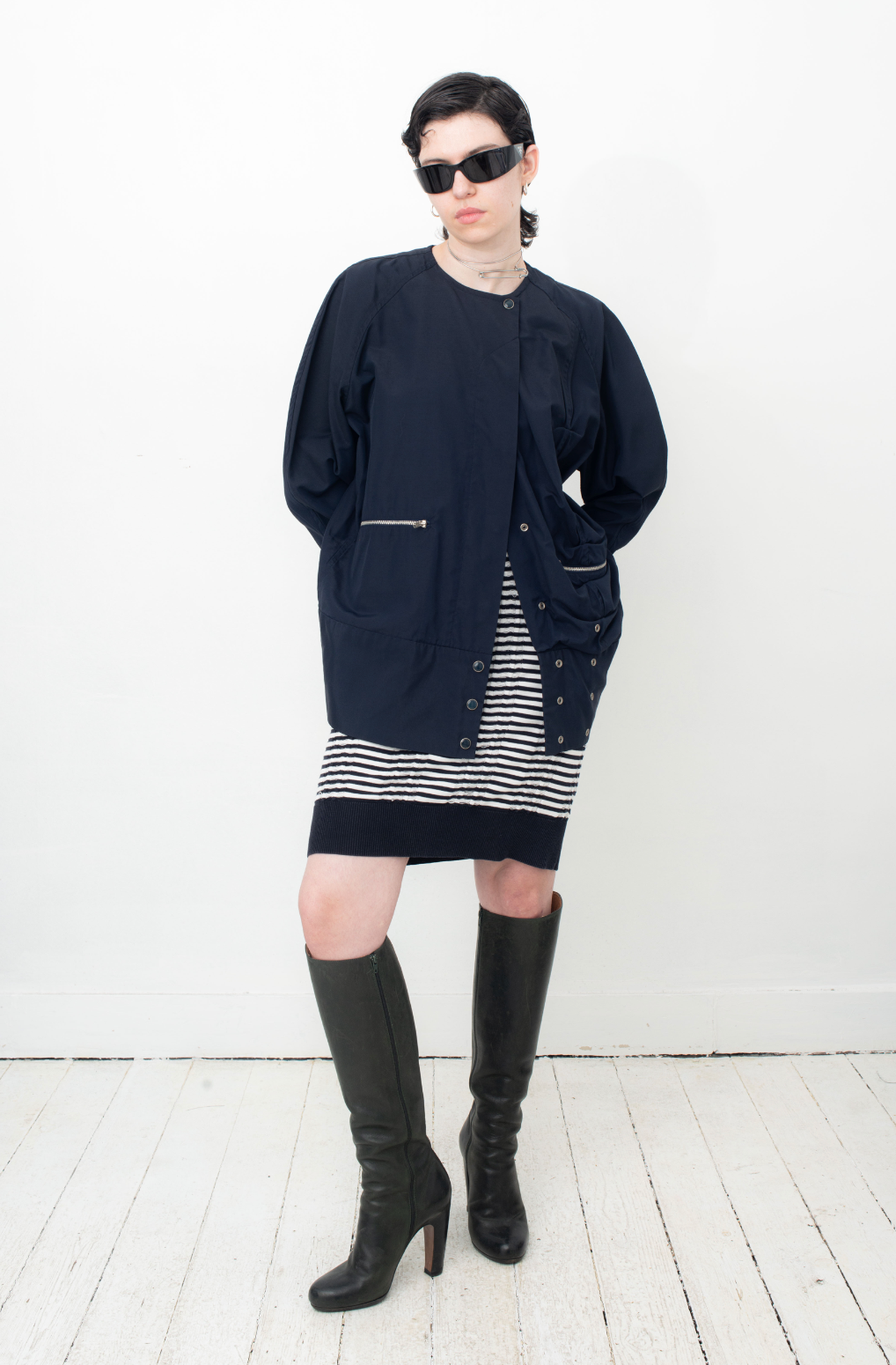 Y's navy blue asymmetrical nylon and cotton draped jacket