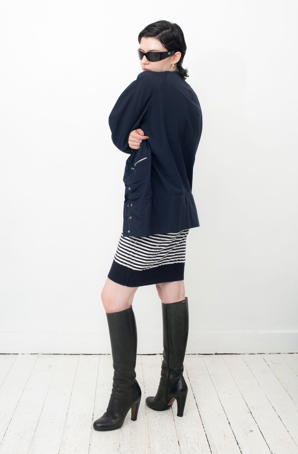 Y's navy blue asymmetrical nylon and cotton draped jacket