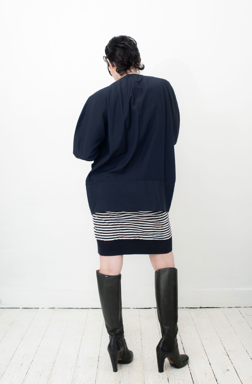 Y's navy blue asymmetrical nylon and cotton draped jacket