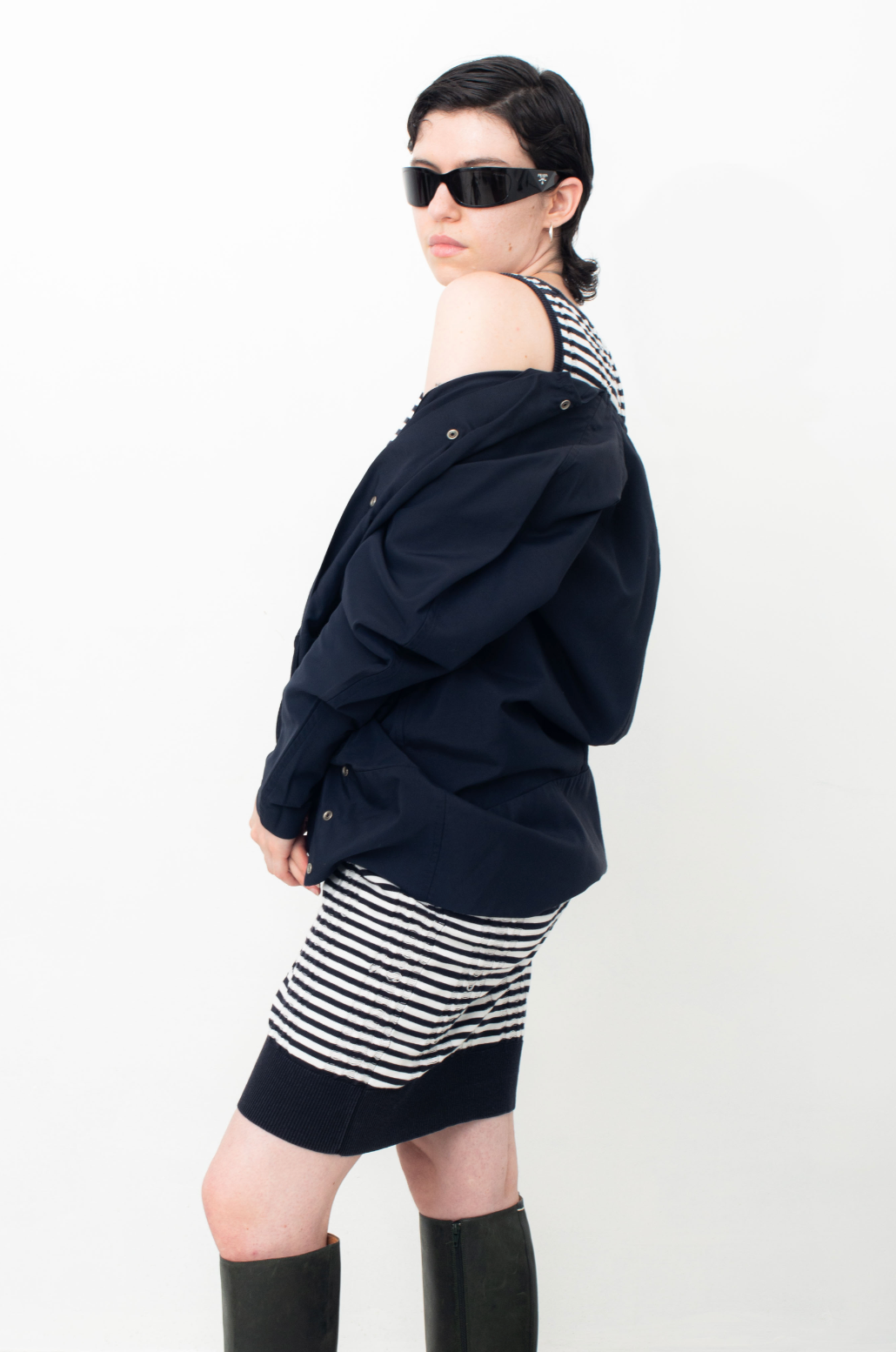 Y's navy blue asymmetrical nylon and cotton draped jacket