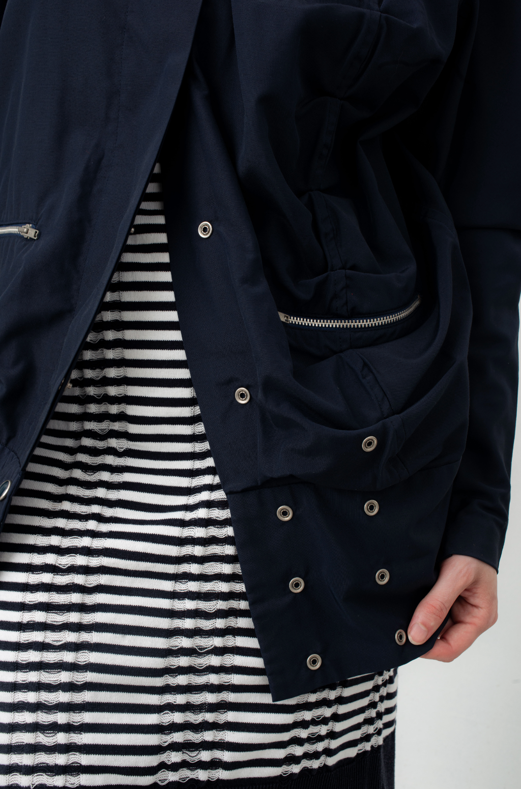 Y's navy blue asymmetrical nylon and cotton draped jacket