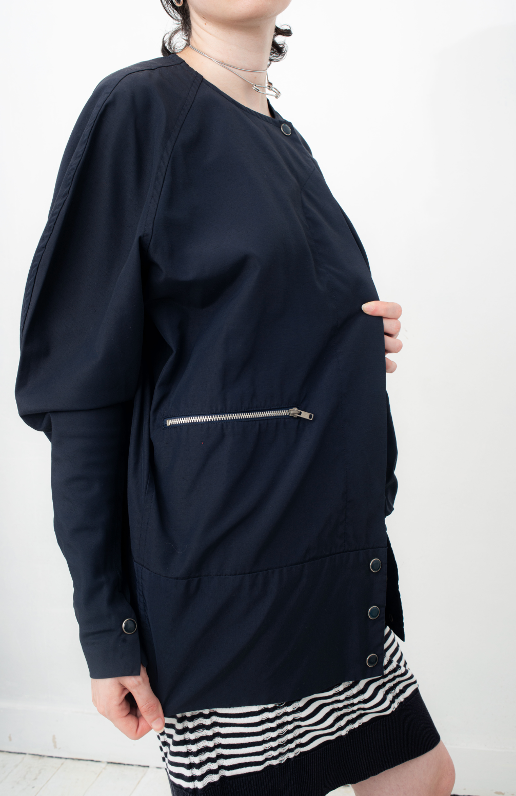 Y's navy blue asymmetrical nylon and cotton draped jacket