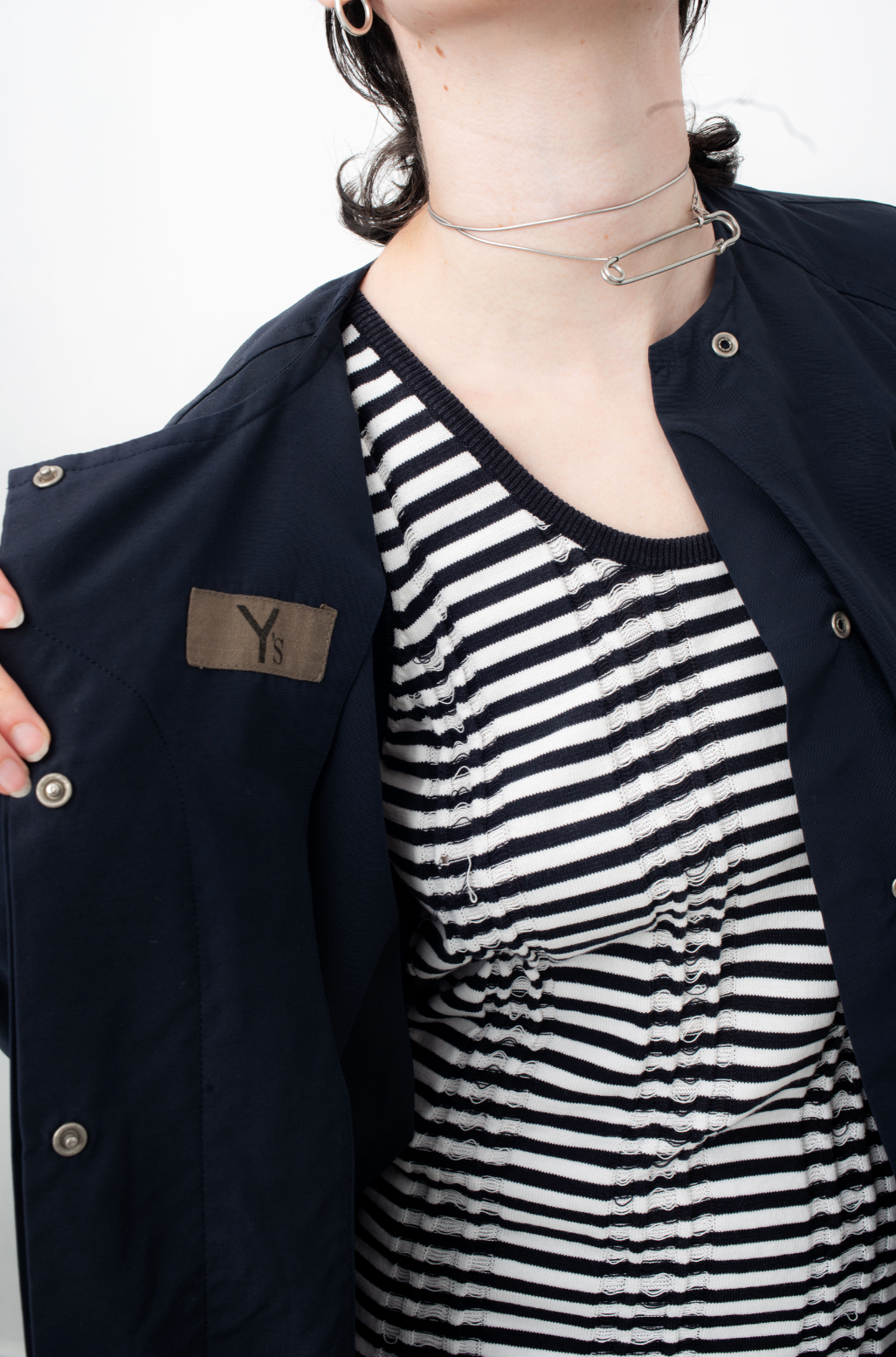 Y's navy blue asymmetrical nylon and cotton draped jacket