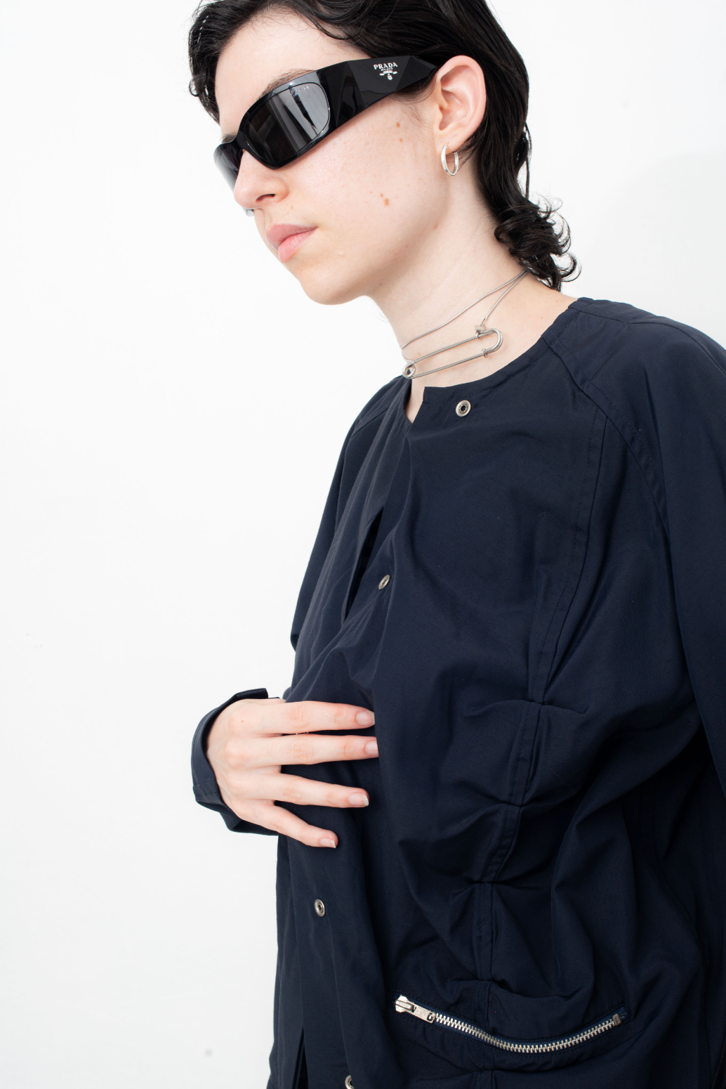 Y's navy blue asymmetrical nylon and cotton draped jacket