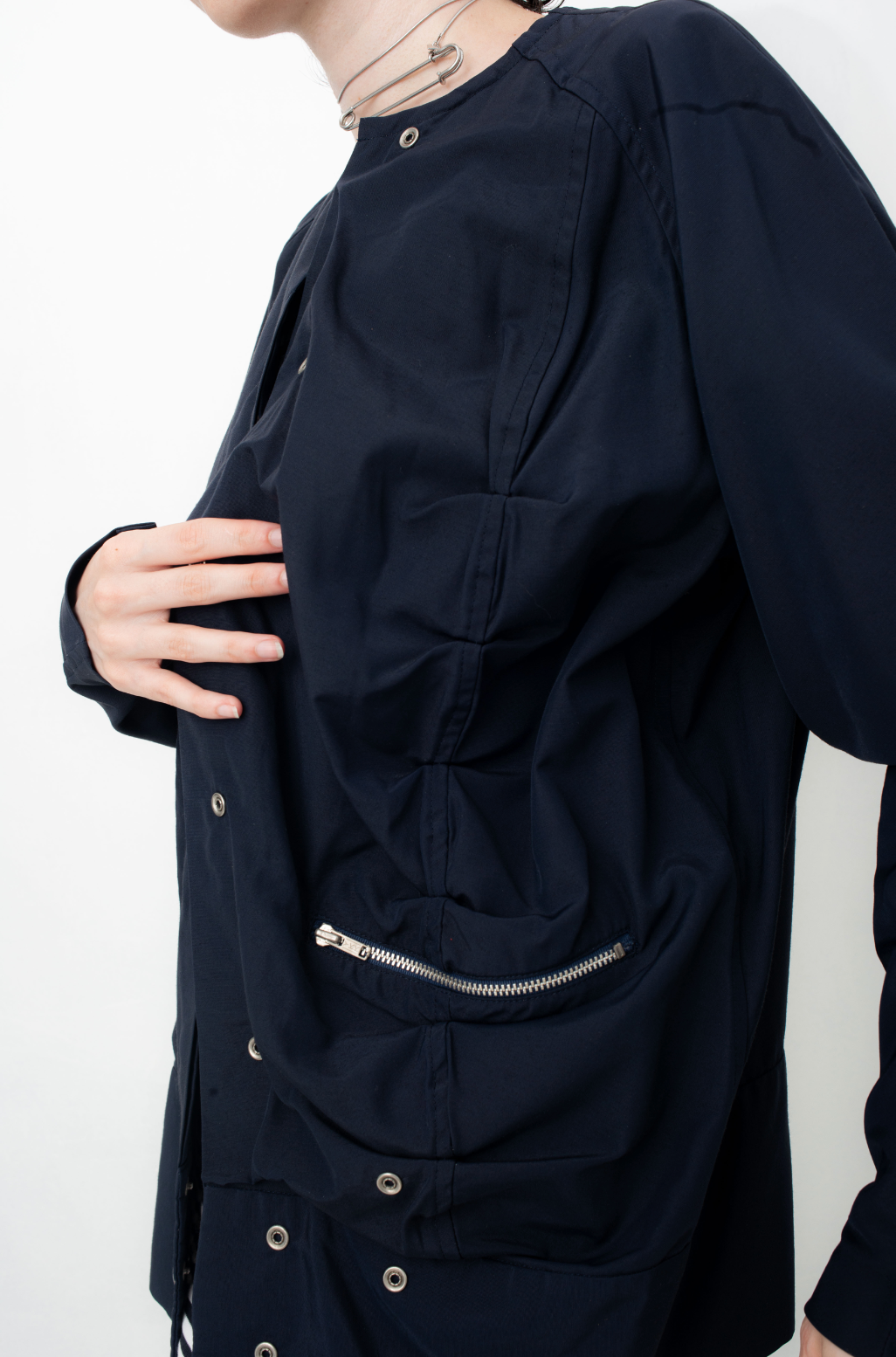 Y's navy blue asymmetrical nylon and cotton draped jacket