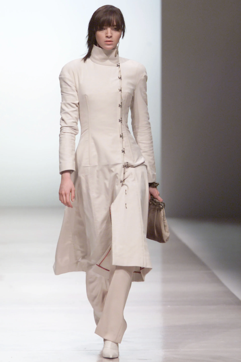 Chloé FW 2001 beige coat with integrated corset and metallic rooster / dragon plate