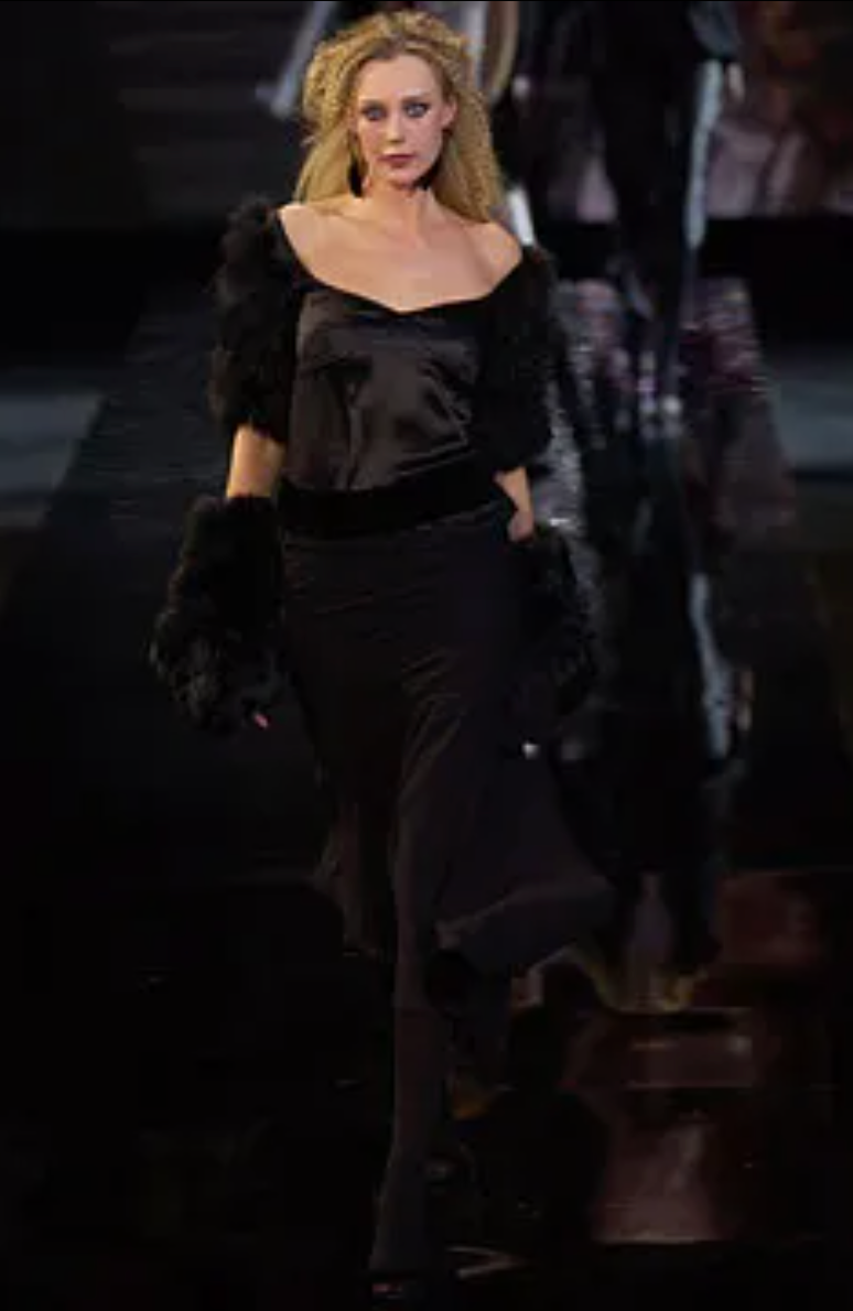 Emporio Armani FW 2004 black silk top with fur and feather sleeves