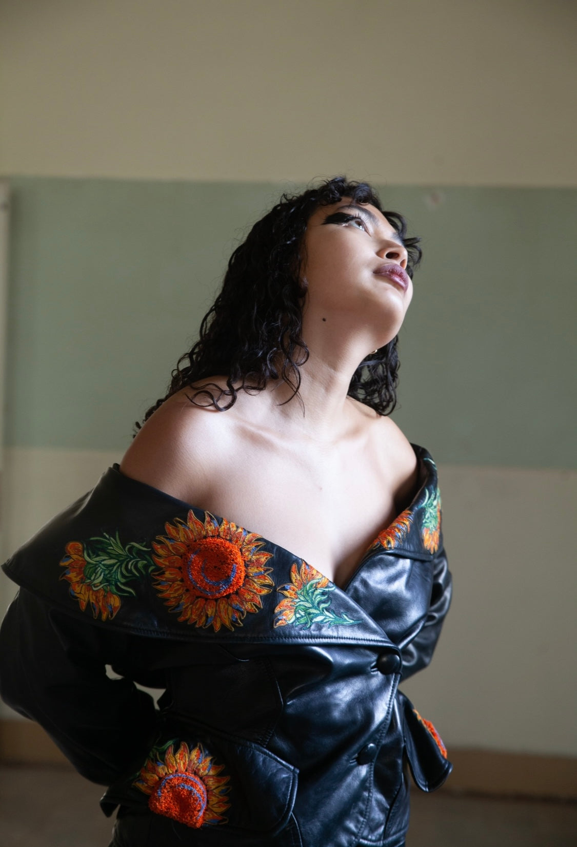 Jean-Claude Jitrois 80's leather skirt suit with sunflower embroideries