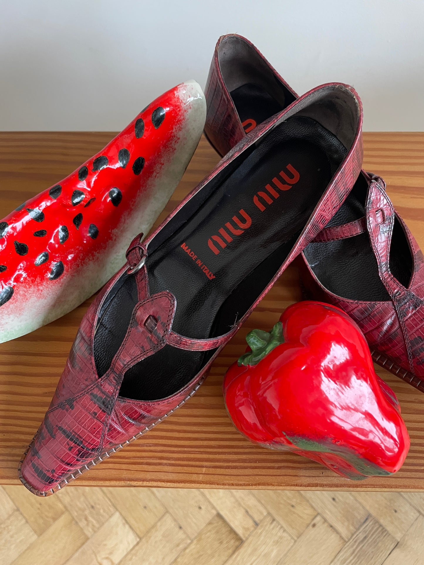Miu Miu 1999 python print burgundy kitten heels
