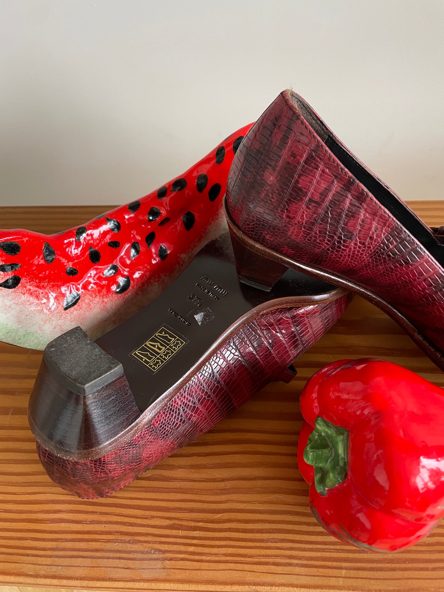 Miu Miu 1999 python print burgundy kitten heels