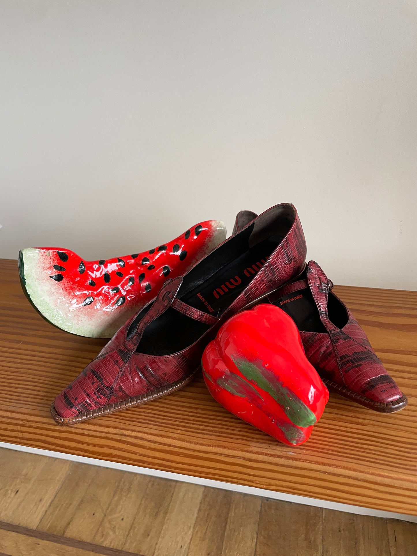 Miu Miu 1999 python print burgundy kitten heels