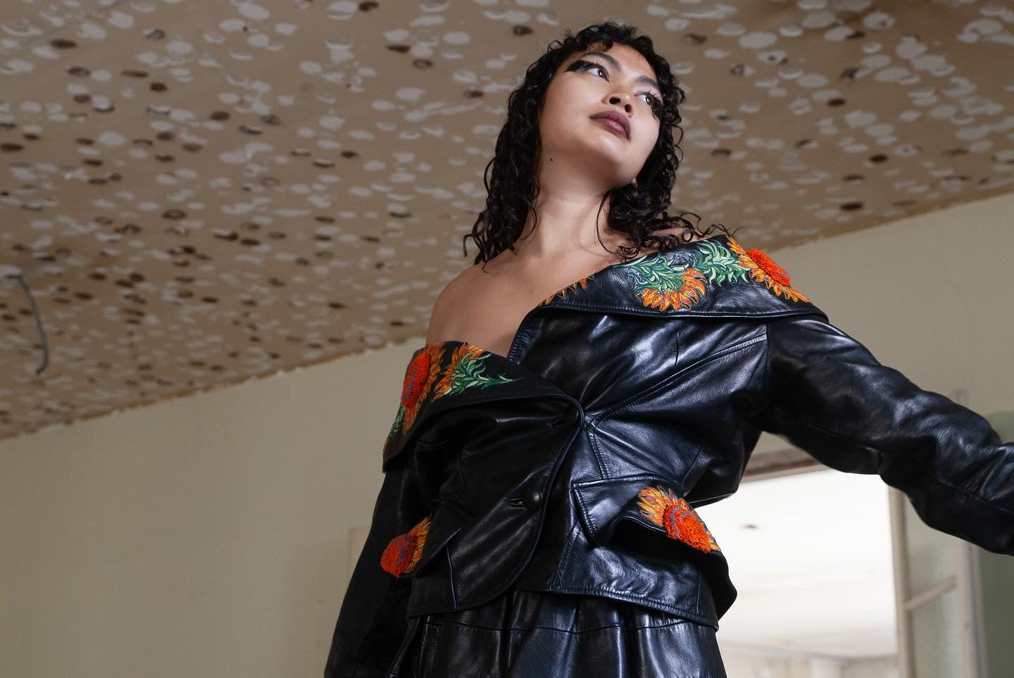 Jean-Claude Jitrois 80's leather skirt suit with sunflower embroideries