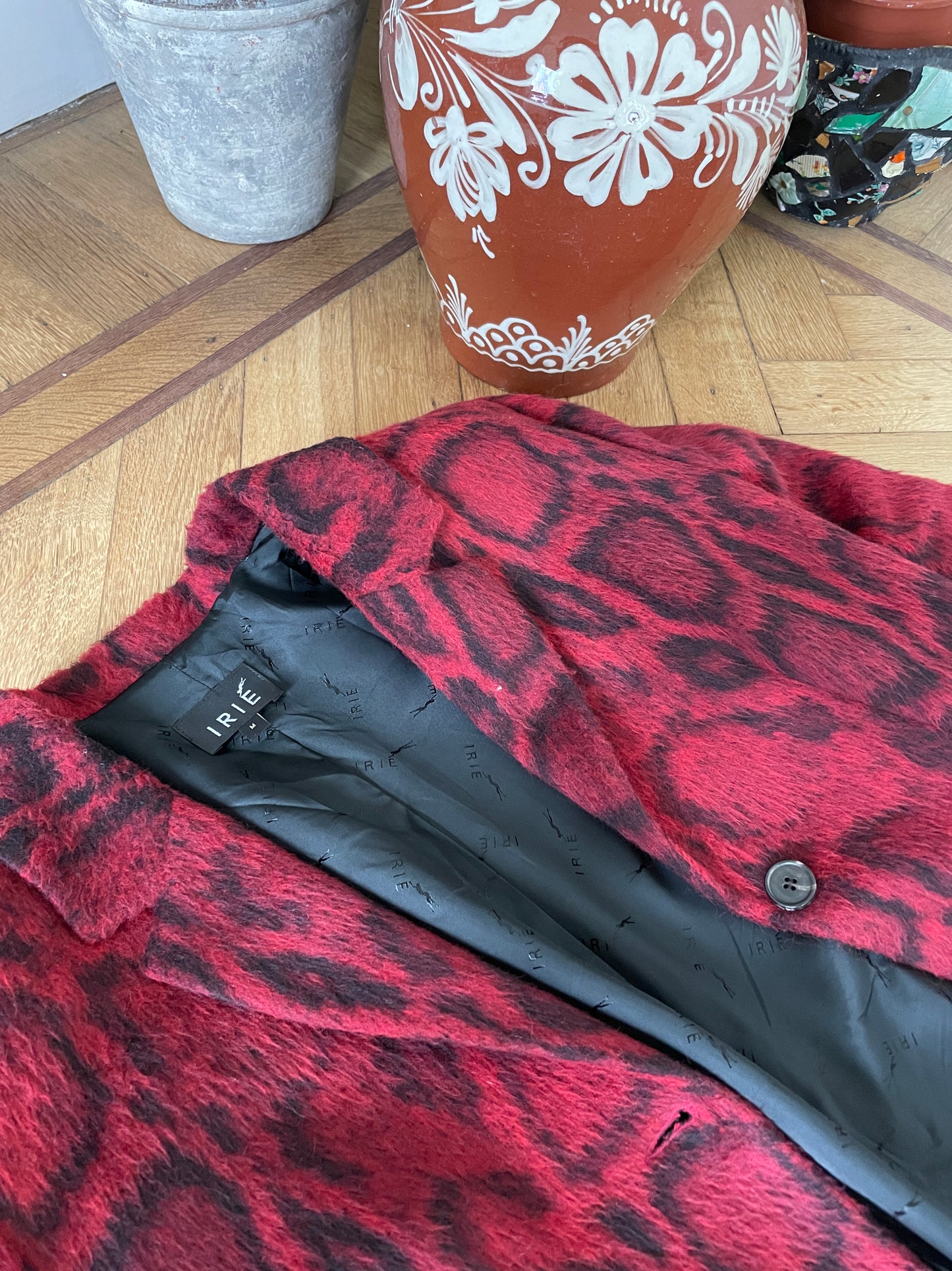 Irie 2000s leopard print red faux fur coat