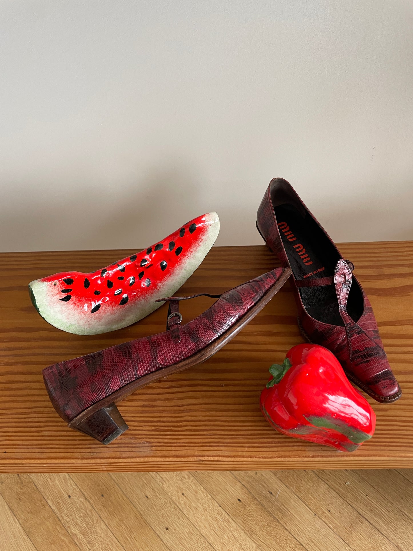 Miu Miu 1999 python print burgundy kitten heels