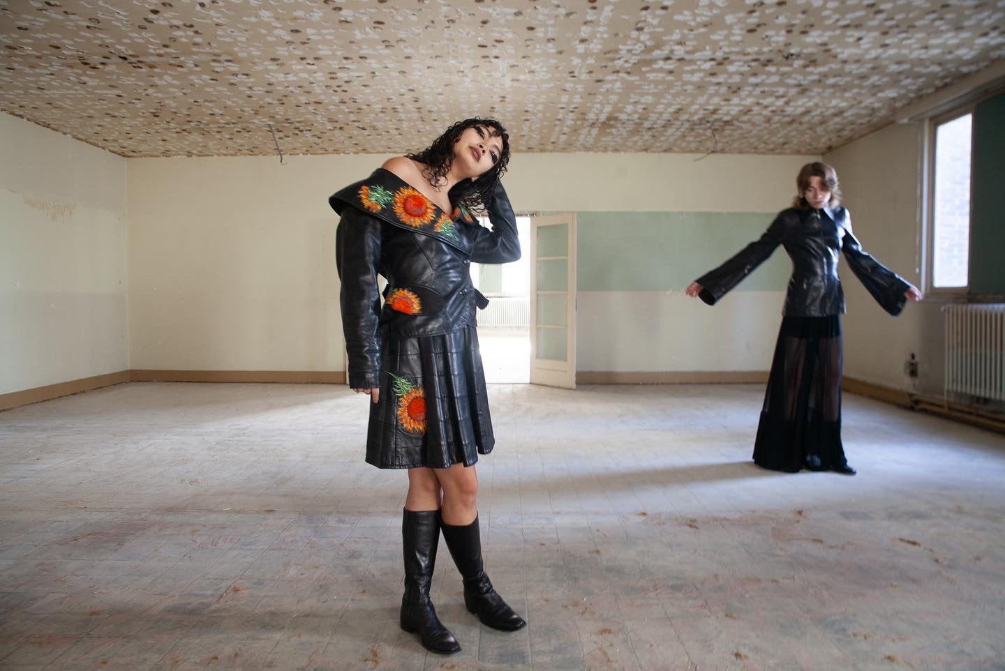 Jean-Claude Jitrois 80's leather skirt suit with sunflower embroideries