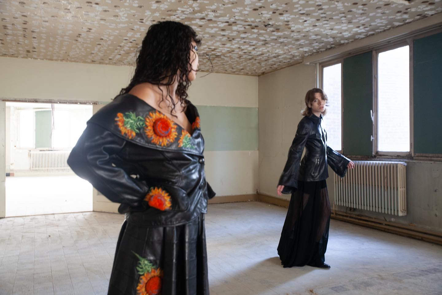 Jean-Claude Jitrois 80's leather skirt suit with sunflower embroideries